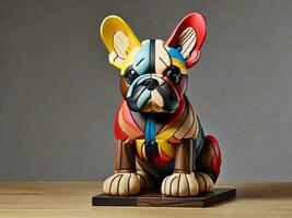 a french bulldog, carved from a single piece of wood, with bright colors illustration photo