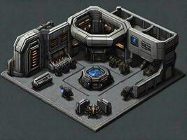 pixel art gray command center building, isometric view illustration photo