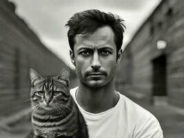 cat and human black and white illustration photo