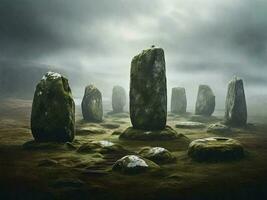megalithic menhir circle made of stone, covered in moss and very thick fog illustration photo