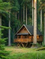 a cabin in the woods surrounded by pine trees illustration photo