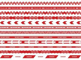 Caution tape set of red warning ribbons. Abstract warning lines for police, accident, under construction. Vector danger tape collection.