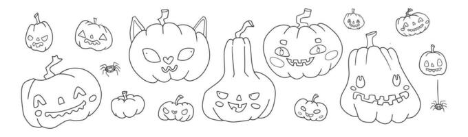 Hand drawn Halloween pumpkin doodle outline set with spooky, creepy, and cute jack-o'-lantern character expressions. Perfect for fall, harvest, and holiday themed designs vector