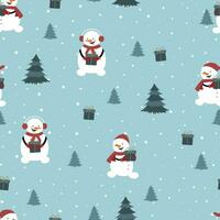 Seamless pattern with cute snowman, christmas tree and snowflakes. Vector flat design for wrapper, fabric, wallpaper.