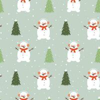 Seamless pattern with cute snowman, christmas tree and snowflakes. Vector flat design for wrapper, fabric, wallpaper.