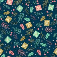 Christmas seamless pattern with twigs, berries, leaves and gift boxes vector