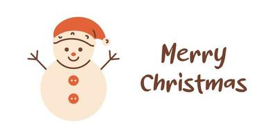 Vector Merry Christmas banner with cute snowman. Christmas funny snowman character in red hat and Merry Christmas text on white background. Illustration for Christmas and New Year design.