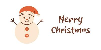 Vector Merry Christmas banner with cute snowman. Christmas funny snowman character in red hat and Merry Christmas text on white background. Illustration for Christmas and New Year design.