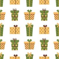 Vector green and yellow gift box seamless pattern. Holiday presents on white background. Print with Christmas, New Year or Birthday gifts.