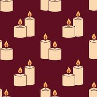 Vector seamless pattern with decorative candles with fire. Burning wax candles on dark red background. Wrapping or textile design.