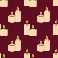 Vector seamless pattern with decorative candles with fire. Burning wax candles on dark red background. Wrapping or textile design.