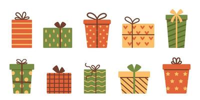 vector regalo caja colocar. fiesta regalos en festivo papel envase con cinta arcos colección de Navidad, nuevo año o cumpleaños regalos.