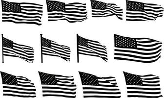 Collection of waving flag silhouettes in the wind, Vector set bundle of black flat American USA flag, A set of silhouette American flag vector, American Flag Silhouette