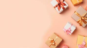 A collection of small gifts arranged in a decorative way. Web banner with copy space. Generative AI photo