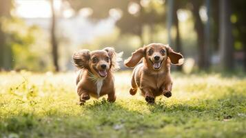 Happy dogs in park, cute small puppies. Generative AI photo
