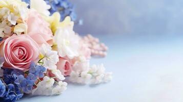 delicado ramo de flores de rosas, lirios, y hortensias en suave pastel colores en un sereno azul antecedentes. generativo ai foto