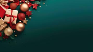 Merry Christmas red and gold balls, gift box, snow, xmas decoration, New Year banner, flat lay dark green background with copy space. Generative AI photo