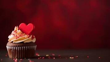 A cupcake with a heart-shaped decoration. Web banner with copy space. Generative AI photo