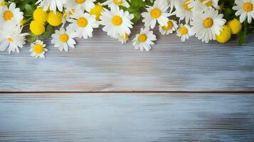 Fresh daisies arranged on a rustic blue wooden background, creating a serene and calming ambiance. Generative AI photo