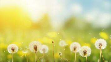 Sunlit dandelions with floating seeds against a vibrant yellow backdrop, symbolizing spring and serenity. Generative AI photo