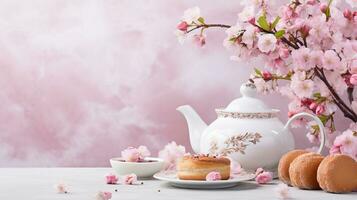 Banner presents a festive tea setting, an ornate teapot, cups, pastries, set against a backdrop of blooming cherry blossoms. Generative AI photo
