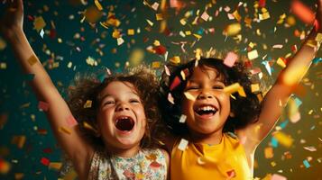 Two jubilant kids with wide smiles surrounded by flying colorful confetti. Generative AI photo