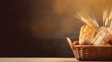 A basket of freshly baked bread. Web banner with copy space. Generative AI photo