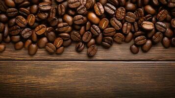 Roasted coffee beans scattered on a rustic wooden background, capturing the essence of a fresh brew. Generative AI photo