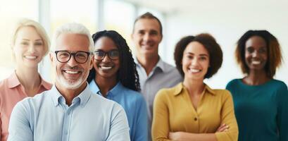 diverso grupo de profesional individuos posando juntos, simbolizando trabajo en equipo y corporativo unidad. generativo ai foto