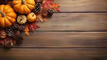 Autumn composition with pumpkins, pinecones, and maple leaves on a rustic wooden background. Generative AI photo