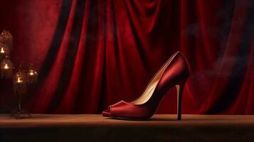 Banner showcases a pair of high heels and a matching clutch, spotlighted against a velvet curtain backdrop. Generative AI photo