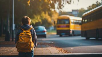 Child with a backpack, eagerly awaiting the school bus, a mix of nerves and excitement. Generative AI photo