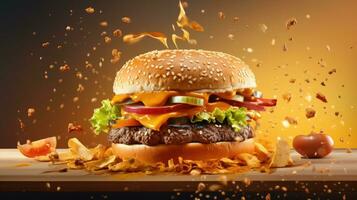 Burger, hamburger, cheeseburger, fastfood. Web banner with copy space. Generative AI photo