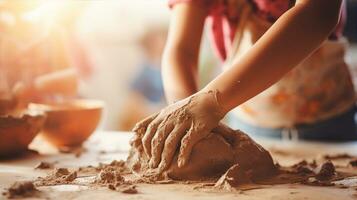 Child sculpting with clay, fingers molding the soft material, creativity taking form. Generative AI photo