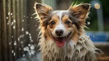 Joyful Corgi dog enjoying a bubble bath, with its tongue out and a playful expression. Generative AI photo
