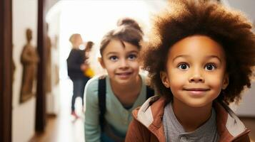 Children at a museum, wide - eyed and curious, every artifact a doorway to knowledge. Generative AI photo