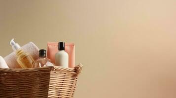 A basket of beauty products. Web banner with copy space. Generative AI photo