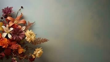 Flower bouquet, floral arrangement background. Web banner with copy space. Generative AI photo