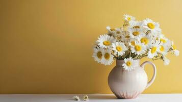 A vase of daisies. Web banner with copy space. Generative AI photo