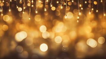 Warm golden lights hanging against a blurred bokeh background, creating a festive ambiance. Generative AI photo