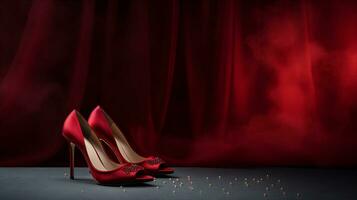 Banner showcases a pair of high heels and a matching clutch, spotlighted against a velvet curtain backdrop. Generative AI photo