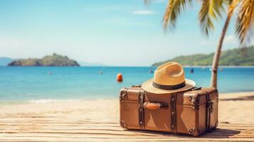 Vintage suitcase with an elegant straw hat on a tropical beach backdrop, embodying the essence of a perfect vacation. Generative AI photo