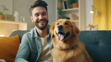 contento perro y hombre juntos, amigo de personas a hogar. generativo ai foto