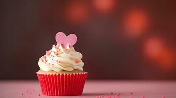 A cupcake with a heart-shaped decoration. Web banner with copy space. Generative AI photo