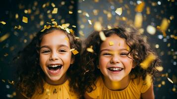 Two jubilant kids with wide smiles surrounded by flying colorful confetti. Generative AI photo