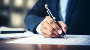 Close-up of a person's hand holding a pen, signing a document in a professional setting. Generative AI photo