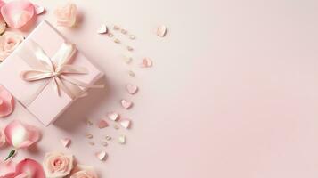 Elegant gift box adorned with a satin bow, surrounded by delicate roses and rose petals on a soft pink background. Generative AI photo