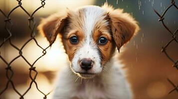 Puppy with soulful eyes peeking through a wire fence, longing for freedom and attention. Generative AI photo