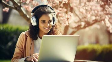 A joyful young woman, headphones on, loses herself in the world of her laptop, surrounded by the soft hues of blossoming trees. Generative AI photo