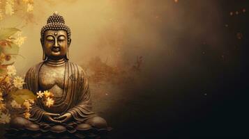 Statue of buddha, buddhism, religion and meditation. Web banner with copy space. Generative AI photo